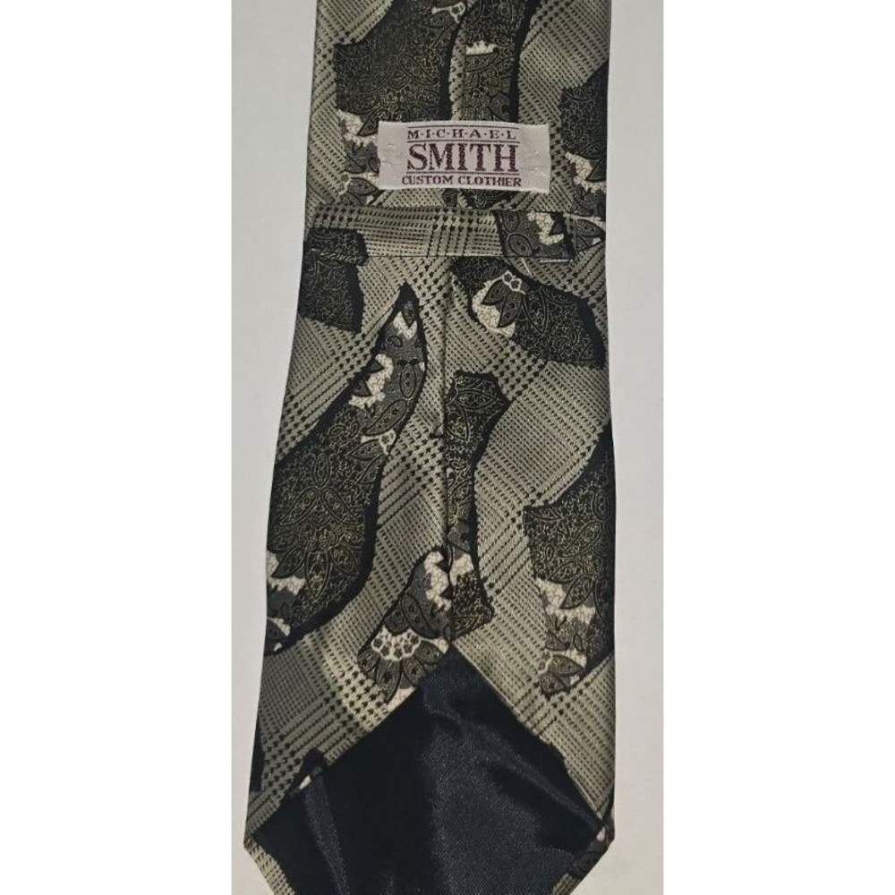 Michael Smith Custom Clothier Mens Silk Tie Grey Black Gold Paisley Geometric - Picture 3 of 5